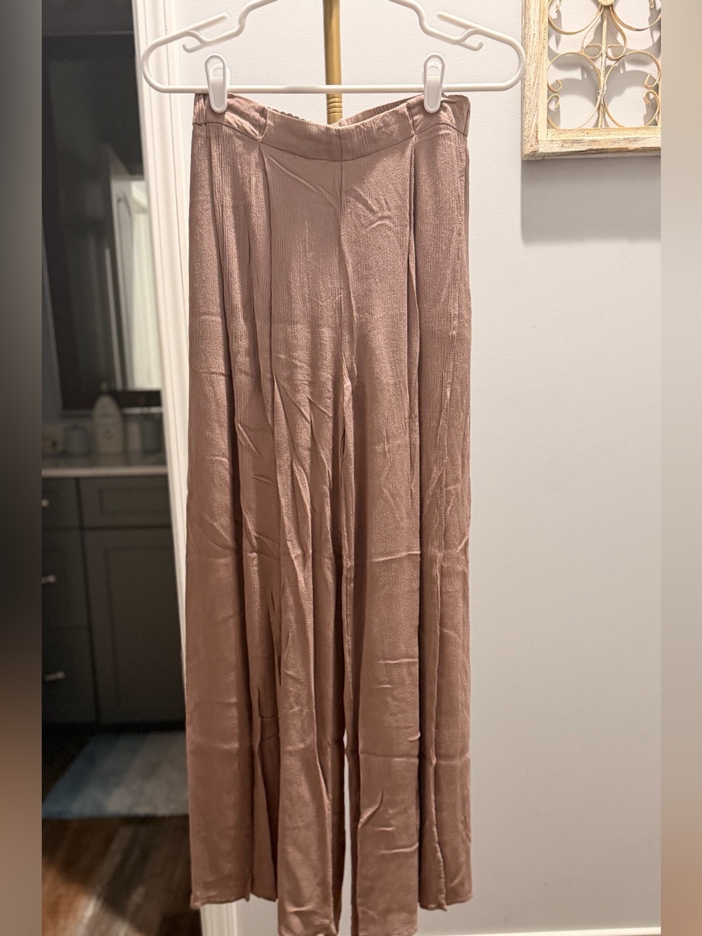 L'ATISTE Wide Leg Satin Pants in Mauve Taupe with lining